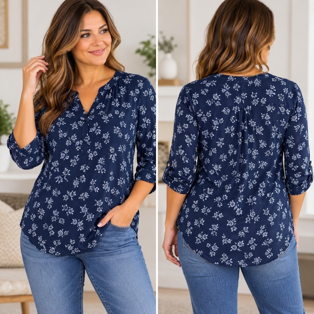 Sonoma Navy Blue Bicycle Print V-Neck Henley Top Women's Small Casual Boho Chic